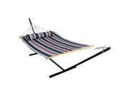 Sunnydaze 2 Person Freestanding Quilted Fabric Spreader Bar Hammock with 12 Foot Stand—Includes Detachable Pillow 350 Pound Capacity Nautical Stripe