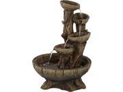 Sunnydaze Outdoor Five Tier Wooden Bowl Water Fountain with LED Lights 32 Inch Tall Includes Electric Submersible Pump