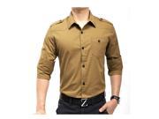 1PC Mens Fashion Army Slim Fit 100% Cotton Military Casual Dress Long Sleeve Shirts New Khaki with Epaulet Size L