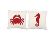 2pc Red Seahorse Crab Pillow Covers 16x16 White Cotton Shams