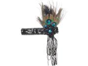 Star Power Sequined Headband with Peacock Feather Tassles Black Teal