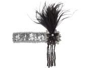 Star Power Adult Sequined with Feather Flapper Headband Silver Black One Size