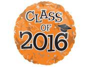 Anagram Class of 2016 Grad Caps Round Mylar 18 Foil Balloon Orange Black