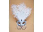 White Silver Venetian Womens Half Mask w Decorative Feathers Beads