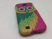 Samsung Galaxy S IV I9500 I9505 Hard Case Cover Green Colorful Owl w Full Bling Stones