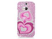 HTC One 2 M8 Hard Case Cover Pink Silver Heart w Full Rhinestones