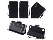 HTC Desire 530 630 Pouch Case Cover Black Textured Carbon Horizontal Flap Credit Card With Strap