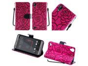 HTC Desire 530 630 Pouch Cover Hot Pink Textured Rose Flower Design Horizontal Flap w Strap