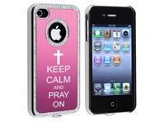 Apple iPhone 4 4S 4G Pink S481 Rhinestone Crystal Bling Aluminum Plated Hard Case Cover Keep Calm and Pray On Cross