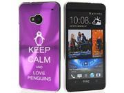 Purple HTC One M7 Aluminum Plated Hard Back Case Cover 7M495 Keep Calm and Love Penguins