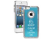 Apple iPhone 5 Light Blue 5S878 Rhinestone Crystal Bling Aluminum Plated Hard Case Cover Keep Calm and Listen On Music Notes