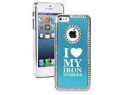 Apple iPhone 5c Rhinestone Crystal Bling Hard Case Cover I Love My Ironworker Light Blue