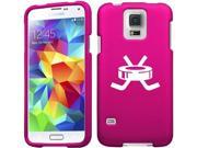 Samsung Galaxy S5 Active G870 Snap On 2 Piece Rubber Hard Case Cover Hockey Puck with Sticks Hot Pink