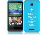 HTC Desire 510 Snap On 2 Piece Rubber Hard Case Cover Keep Calm and Trust God Light Blue