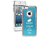 Apple iPhone 6 6s Rhinestone Crystal Bling Hard Case Cover Keep Calm and Hop On Bunny Rabbit Light Blue