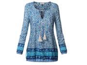 Women s Neck Tied Floral Print Tunic Top Ethnic Style Blue XL