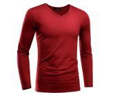 Men s V Neck Shirts Casual Slim Fit Solid Basic Cotton T Shirts Red S M L