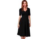 Women Formal Cocktail Dress Solid Pleated Swing Retro Vintage Half Sleeve S XL