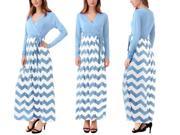 Ladies Boho Maxi Dress Sexy V Neck Long Sleeve Holiday Casual Dress With Belt Blue