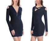 Women s Crossover V Neck Long Sleeve Stretchy Bodycon Mini Dress Navy