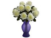 Nearly Natural Roses With Coloured Glass Vase In White Purple In White Purple
