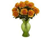 Nearly Natural Roses With Coloured Glass Vase In Orange Yellow In Orange Yellow
