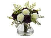 Nearly Natural Rose And Maiden Hair Arrangement With Vase In Purple White