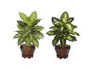 Nearly Natural 6712 S2 AS Assorted Dieffenbachia w Wood Vase Silk Plant Set of 2