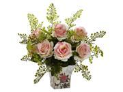 Nearly Natural Rose And Maiden Hair With Floral Planter In Light Pink