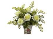 Nearly Natural Rose And Maiden Hair With Floral Planter In White