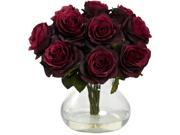 Nearly Natural Rose Arrangement With Vase In Burgundy