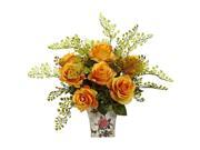 Nearly Natural Rose And Maiden Hair With Floral Planter In Orange Yellow
