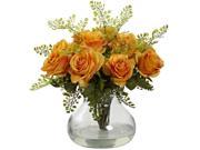 Nearly Natural Rose And Maiden Hair Arrangement With Vase In Orange Yellow