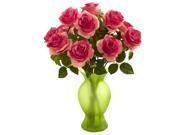 Nearly Natural Roses With Coloured Glass Vase In Dark Pink In Dark Pink