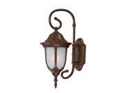 This wall mounted lantern features a burled walnut finish with frosted glass.