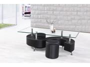1PerfectChoice Modern Style Coffee Table Glass Top S Design PU Leather Base 2 Ottomans In Black