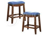 1PerfectChoice Delta Set Of 2 Counter Height Bar Saddle Stool Chair Blue PU Naihead Trim Oak