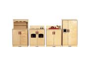 4 Piece Wooden Kitchen Set Wood Stove Sink Refrigerator and Cupboard