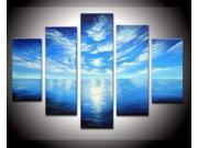 Wieco Art 100% Hand painted Wood Framed on the Back Artwork Blue Ocean White Clouds Ready to Hang Wall Decor Landscape Oil Painting on Canvas 5pcs set