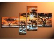 Wieco Art 100% Hand painted Wood Framed Grassland Elephants Decoration Modern Abstract Landscape Oil Painting on Canvas 4pcs set