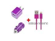 3 Piece Purple USB Sync Charge Cable USB Car Charger USB Travel Charger for Walmart Straight Talk Apple iPhone 5