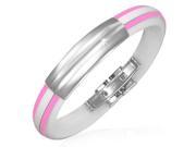 Stainless Steel Pink White Rubber Silicone Greek Key Stripes Unisex Bracelet with Clasp