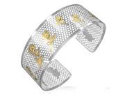 Stainless Steel Two Tone Flowers Roses Open End Womens Cuff Bangle