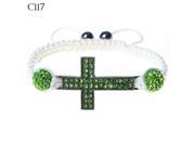 Silver Tone Cross Green CZ White Cord Macrame Beaded Adjustable Bracelet