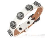 White Leather Alloy Silver Tone Skull Links Adjustable Wristband Mens Wrap Bracelet