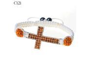 Silver Tone Cross Orange CZ White Cord Macrame Beaded Adjustable Bracelet