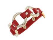 Fashion Alloy Red Faux PU Leather Yellow Gold Tone Hoops White CZ Wristband Bracelet