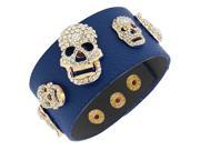 Fashion Alloy Blue Faux PU Leather White CZ Skull Wristband Bracelet