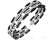 Stainless Steel Silver Tone Black Stripes Mens Link Bracelet with Clasp