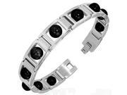 Stainless Steel Silver Tone Black Glass Beads Link Mens Bracelet with Clasp